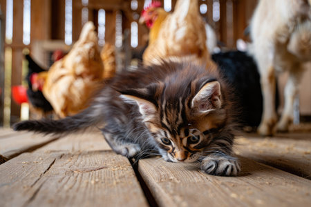 A curious kitten explores a rustic wooden barn floor, chickens watching from behind. A charming portrait of rural life.の写真素材
