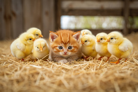 An adorable orange kitten is surrounded by a group of yellow chicks on a bed of hay, creating a charming and heartwarming scene.の写真素材