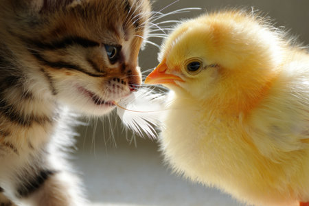 A kitten and a chick curiously observe each other, a tender moment captured with soft lighting.の写真素材