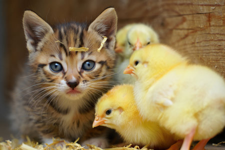 A curious kitten gazes alongside several fluffy yellow chicks, creating an adorable and heartwarming scene. They are in a nest.の写真素材