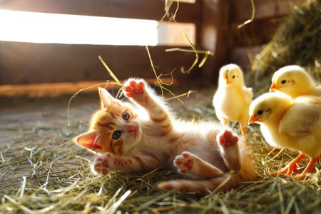 An adorable ginger kitten plays amongst straw with curious yellow chicks in a rustic barn setting, bathed in warm sunlight.の写真素材