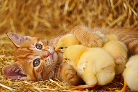 An adorable orange kitten snuggles with a group of fluffy yellow chicks in a bed of hay, creating a heartwarming scene.の写真素材