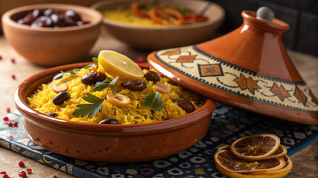 A beautifully arranged Moroccan dish featuring saffron rice, dates, and a lemon slice in a traditional tagine.の写真素材