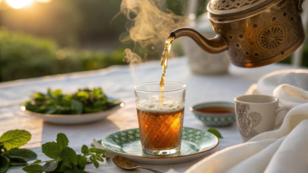 A close up shot of tea being poured into a glass with mint leaves and a teapot on a table outside.の写真素材