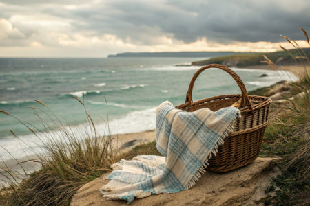 A picnic basket with a blanket sits on a rock overlooking the ocean on a cloudy day.の写真素材