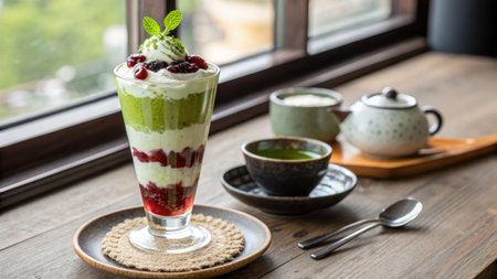 A vibrant photo captures a delicious matcha parfait alongside tea, creating a tranquil scene.の写真素材