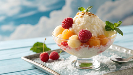 A refreshing shaved ice dessert with assorted fresh fruits, perfect for a hot day. Garnished with mint.の写真素材