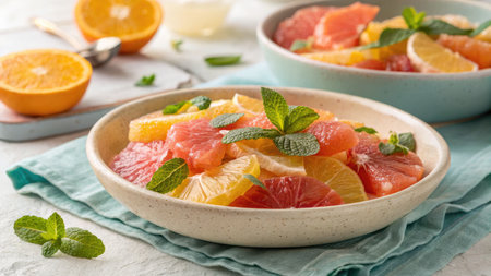 A vibrant fruit salad with fresh citrus slices and mint garnish, a refreshing and healthy dessert.の写真素材