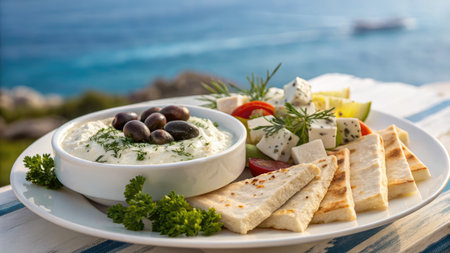 A delicious plate of Greek food is presented, including tzatziki, olives, cheese, and pita bread, all set against a beautiful coastal backdrop.の写真素材