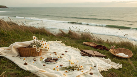 A serene picnic setup overlooking the ocean, featuring a basket of flowers and treats on a cozy blanket.の写真素材