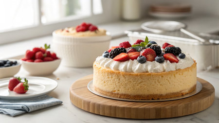 A delicious cheesecake topped with fresh berries, on a wooden serving board. Other berries and cake in the background create a full scene.の写真素材