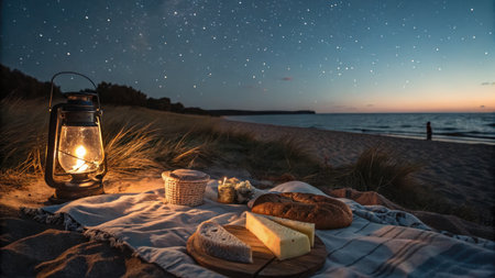 A serene beach picnic at night, featuring a lit lantern, food, and the starry sky. The scene captures a moment of tranquility and romance.の写真素材