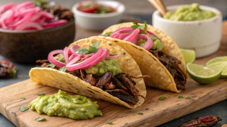 Close up shot of delicious tacos served on a wooden board, complete with toppings and fresh ingredients for a tasty meal.の写真素材