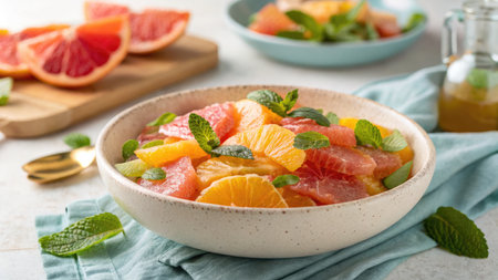 A refreshing citrus salad with grapefruit and orange slices, garnished with mint leaves. The dish is set on a table with complementary ingredients and elements.の写真素材