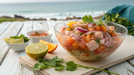 A vibrant ceviche dish is presented with citrus, cilantro, and a beautiful ocean backdrop.の写真素材