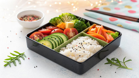 A beautifully presented Japanese bento box filled with fresh vegetables and rice, a healthy and colorful meal.の写真素材