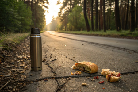 A thermos and a pastry sit on the side of a road in the middle of a forest with the sun shining in the background.の写真素材