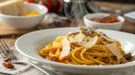 A close up of a beautifully plated spaghetti dish with cheese, herbs, and other ingredients on a wooden table.の写真素材