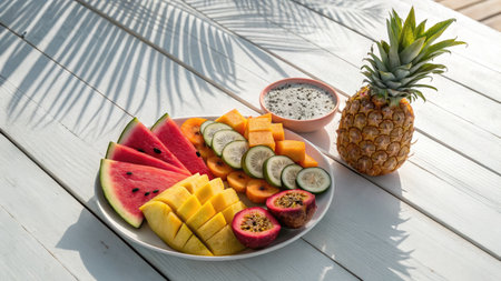 A vibrant tropical fruit platter with a whole pineapple, set on a white wooden table with palm leaf shadows.の写真素材