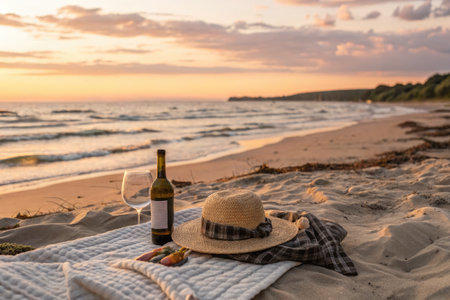 A relaxing beach scene at sunset, featuring a bottle of wine, a glass, and a straw hat on a sandy beach, evoking leisure and vacation.の写真素材
