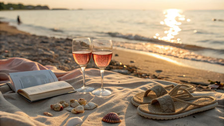 Two glasses of rose wine sit on a sandy beach with a book and seashells as the sun sets over the ocean.の写真素材