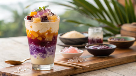 A refreshing halo halo dessert with vibrant layers, served in a tall glass, alongside ingredients on a wooden platter.の写真素材