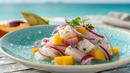 Close up of ceviche on a turquoise plate with the ocean in the background.の写真素材