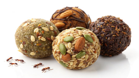 A close up of various healthy energy balls with nuts and seeds. Some ants are in the corner. Isolated on white.の写真素材