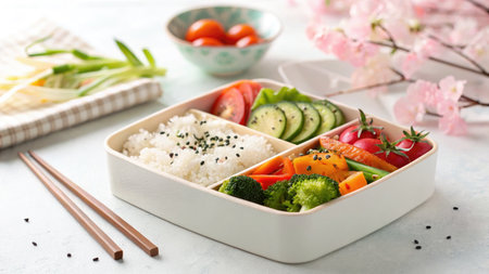 A vibrant bento box filled with a colorful assortment of fresh vegetables and rice, perfect for a healthy and delicious meal.の写真素材