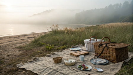A serene picnic setup by the coast, featuring baskets, food, and plates on a blanket against a backdrop of the sea and misty cliffs.の写真素材