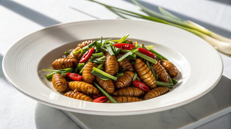 A close up view of a plate of fried insects garnished with vegetables.の写真素材