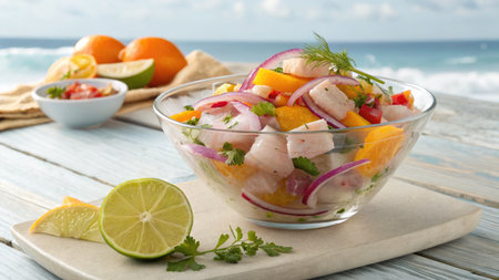 A refreshing ceviche dish with vibrant citrus fruits and vegetables, presented in a clear bowl against a seaside backdrop.の写真素材