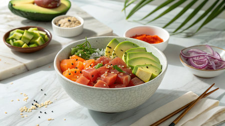 A vibrant poke bowl featuring fresh tuna, salmon, avocado, and seaweed. Garnished with sesame seeds and served with additional ingredients.の写真素材