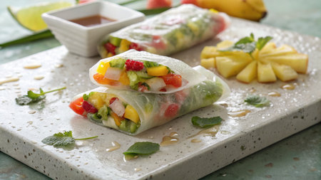 A vibrant close up of summer rolls with fresh fruits and herbs served on a textured surface, an appetizing and healthy meal.の写真素材