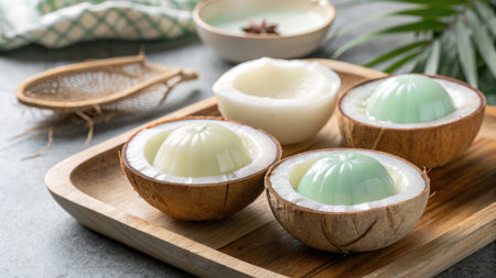 A close up of coconut jelly desserts beautifully presented in coconut shells on a wooden tray, a refreshing treat.の写真素材
