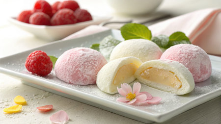 Mochi desserts with raspberry and cherry blossom. Some mochi are cut to show the filling.の写真素材