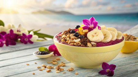 A vibrant acai bowl topped with fresh fruit and granola sits on a wooden table with a beach backdrop, promoting healthy eating.の写真素材