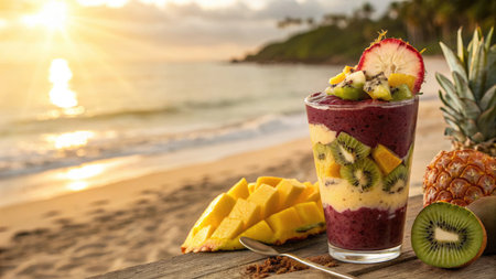 A vibrant and colorful smoothie is showcased on a wooden table on a beach, with a beautiful sunset in the background.の写真素材