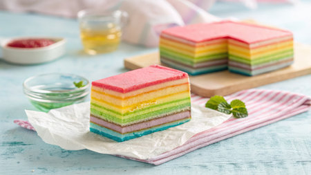 A vibrant rainbow layer cake is presented with side dishes, inviting a taste of this colorful dessert, close up.の写真素材