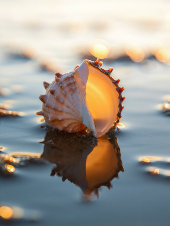 A close up view of a seashell on the beach at sunset, reflecting in the water.