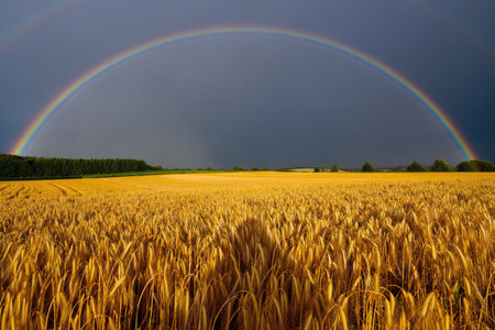 A vibrant rainbow arches gracefully over a golden wheat field, creating a stunning landscape under a dramatic sky.の写真素材