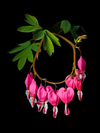 A close up of a bleeding heart flower against a black background, showcasing its delicate pink petals and unique heart shape.の写真素材