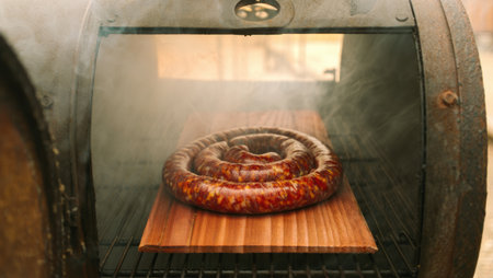 A spiral sausage is smoked inside a rusty smoker. It's sitting on a wooden board, emitting visible smoke.の写真素材