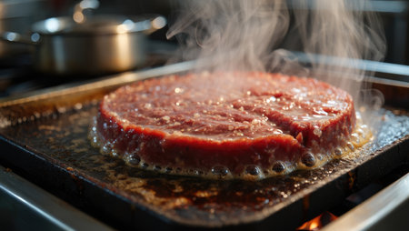 A close up shot shows a steak searing on a hot griddle with steam rising. The steak is round and...