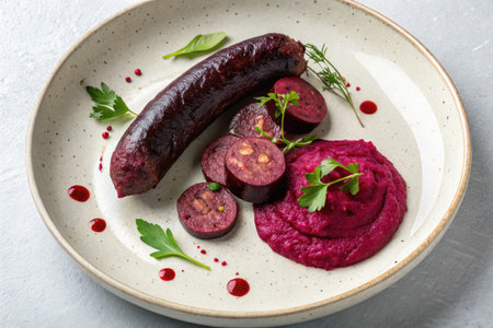 A delectable plate showcases a dark sausage, sliced, and paired with vibrant pink mashed beetroot...