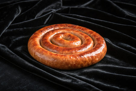 A delicious spiral sausage, perfectly cooked, rests on a backdrop of black velvet.