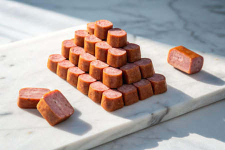 A pyramid of sausage pieces rests on a marble surface, capturing a close up of the food.