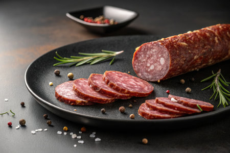 Close up shot of sliced salami on a black plate with herbs and peppercorns. The dark background enhances the food's rich colors.の写真素材
