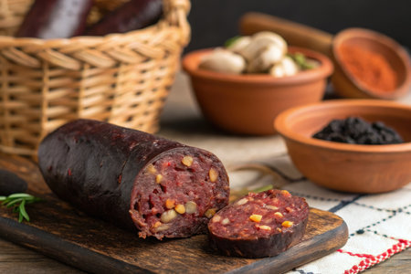 Close up of a slice of black pudding on a wooden board with some ingredients around it.