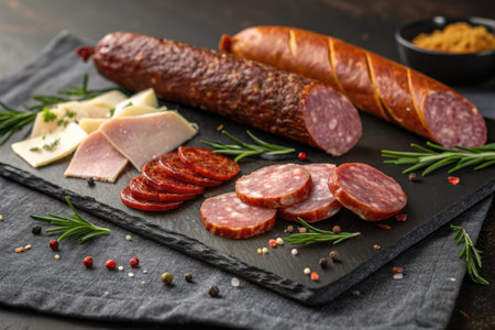 A close up of an assortment of cured meats and cheese, artfully arranged on a slate board with rosemary and spices.の写真素材